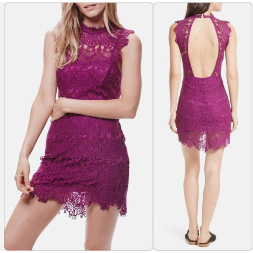 Free People Lace Cocktail Mini Dress Small Magenta Boho Open Back Sleeveless